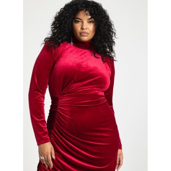 New Rich Red Velvet Ruched Mock Neck Dress Long Sleeves Size 20W Plus Sz Velour - Picture 1 of 7
